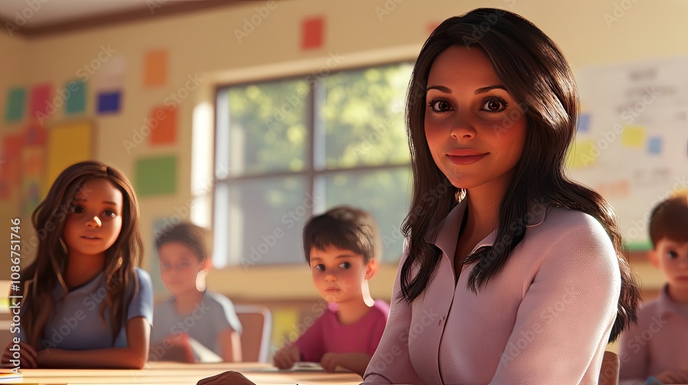 Fototapeta premium A young Hispanic female educator engaging with her diverse classroom of students in a colorful learning environment.