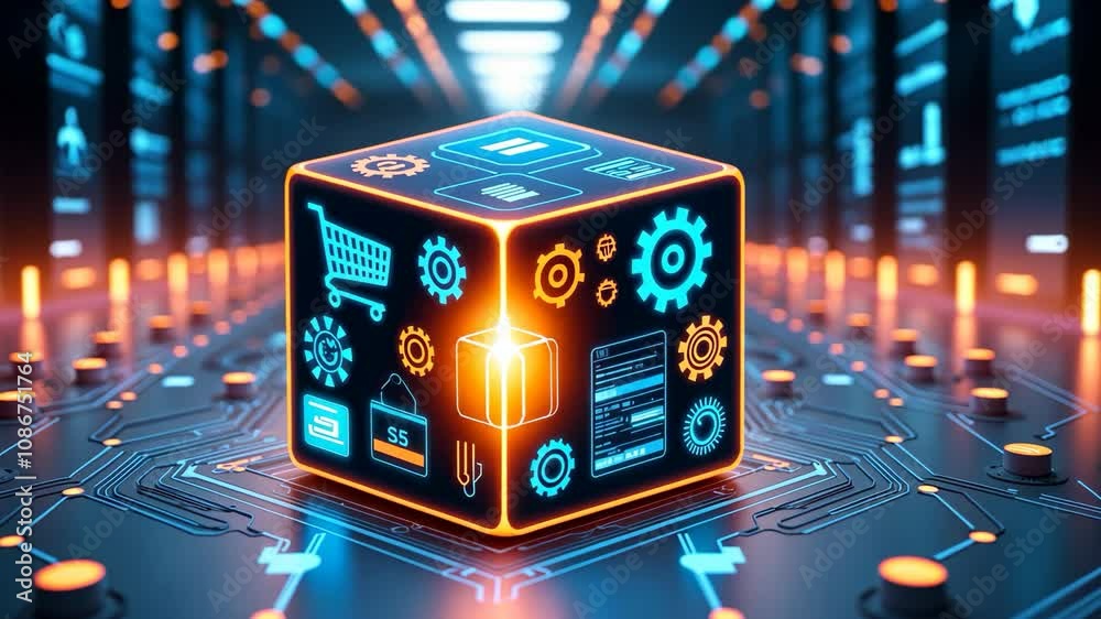 Video footage of glowing cube filled with digital icons, symbolizing the interconnectedness and complexity of modern technology