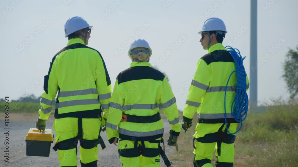 An engineer wearing safety gear closely inspects the base of a wind turbine in a renewable energy field. An engineer wearing safety gear closely inspects the base of a wind turbine in a renewable energy field.