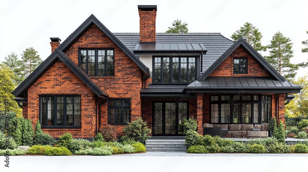 3D model of a suburban bungalow with a sloping roof and detailed brick exterior, isolated on white. 3D model of a suburban bungalow with a sloping roof and detailed brick exterior, isolated on white.