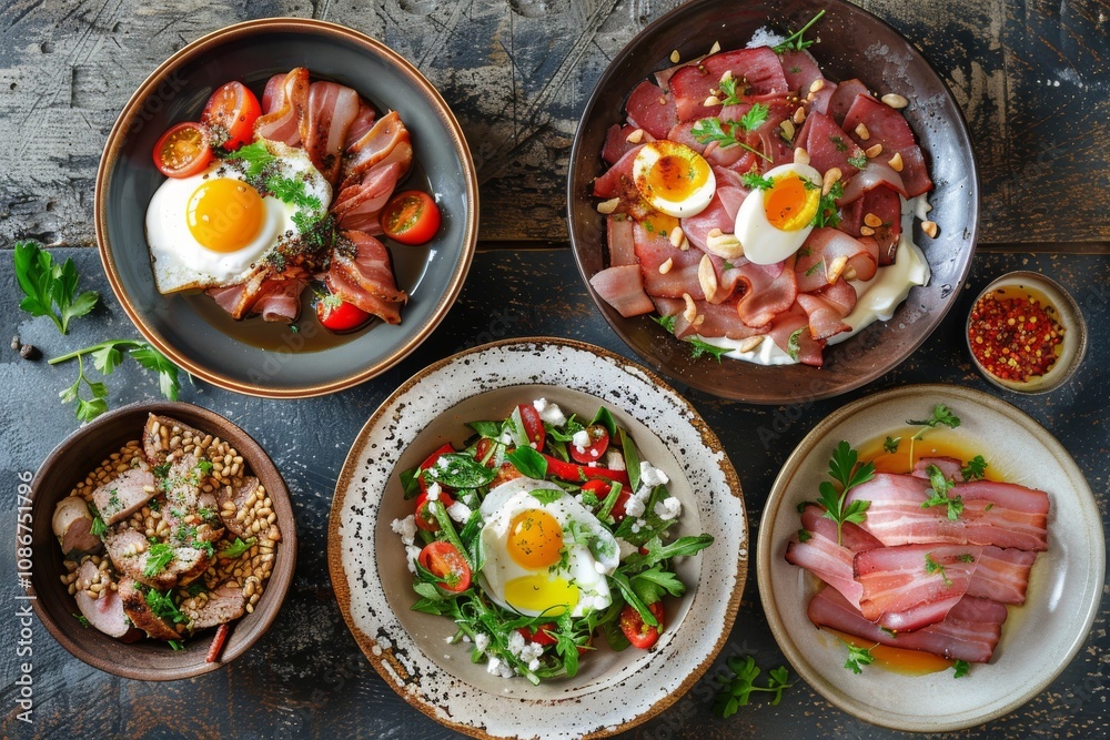 Set of Various Meat Salads on Rustic Ceramic Plates Top View. Salad Mix, Smoked Turkey, Honey Sauce Set of Various Meat Salads on Rustic Ceramic Plates Top View. Salad Mix, Smoked Turkey, Honey Sauce