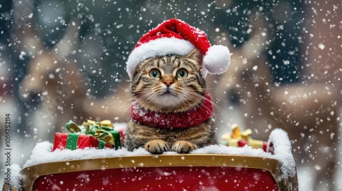 Festive Cat In Santa Hat Sits On Snowy Sleigh photo