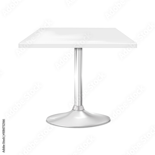 Square countertop table on one metal leg with round base. 3d mockup. White blank rectangular counter single pedestal desk. Realistic vector mock-up