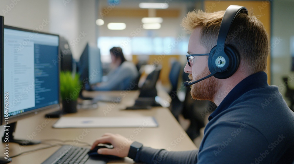A focused individual in a headset works at a computer in a modern office environment, demonstrating a productive workspace. A focused individual in a headset works at a computer in a modern office environment, demonstrating a productive workspace.
