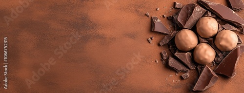 Torn chocolate truffles and broken chocolate pieces create an artistic display on a warm brown background with space for text