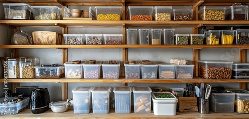 Wallpaper Mural Efficiently arranged kitchen with food in plastic containers on Nordic design shelves. Torontodigital.ca