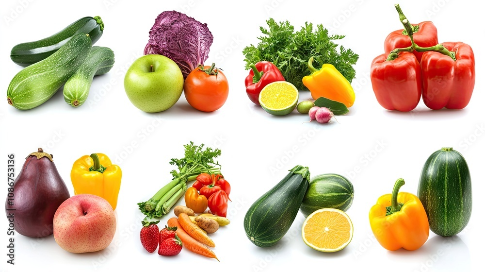 A vibrant assortment of fresh vegetables and fruits, featuring bell peppers, zucchini, and leafy greens against a white background. A vibrant assortment of fresh vegetables and fruits, featuring bell peppers, zucchini, and leafy greens against a white background.