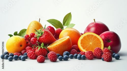 A vibrant assortment of fresh fruits including strawberries, oranges, and blueberries arranged beautifully.