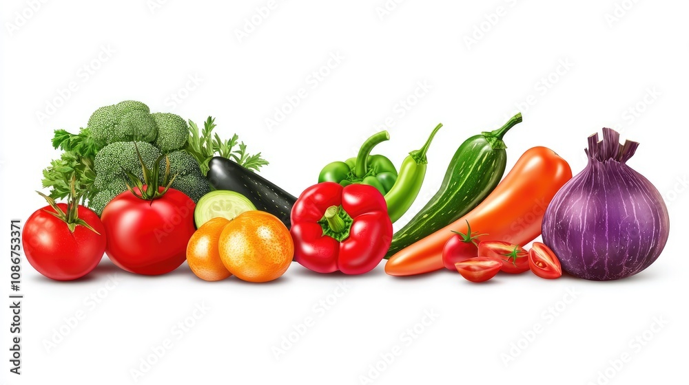Colorful array of fresh vegetables, featuring tomatoes, peppers, and cucumbers on a white background. Colorful array of fresh vegetables, featuring tomatoes, peppers, and cucumbers on a white background.