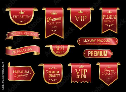 VIP and premium emblem red and gold isolated on gray background 