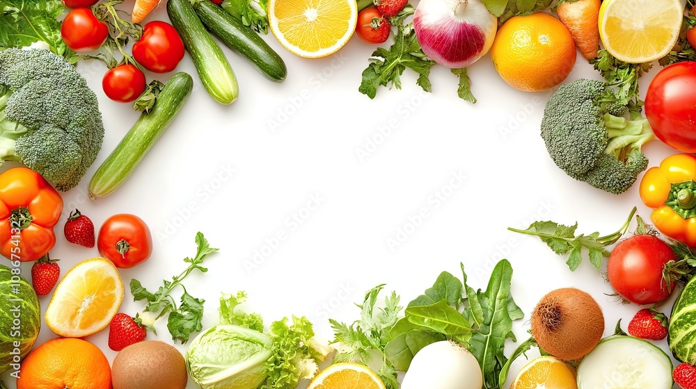 A vibrant display of assorted fresh vegetables and fruits framing a blank space, ideal for healthy eating themes. A vibrant display of assorted fresh vegetables and fruits framing a blank space, ideal for healthy eating themes.