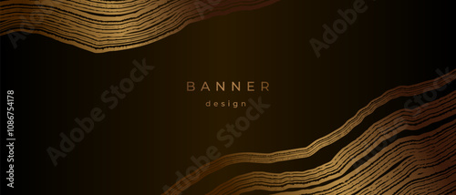 Luxury golden banner with wood annual rings texture. Background with shiny tree ring pattern. Stamp of tree trunk in section. Natural wooden concentric circles. Black and bronze gold background