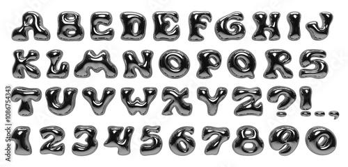 3d chrome rounded font. Bold silver bubble typeface. Metal letters isolated on transparent. Y2K style alphabet. Glossy font. Letters with molten metal effect. Metallic, fluid surface with reflections