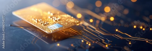 Golden credit card with a secure chip resting on an illuminated circuit board, highlighting digital payment systems and technology.