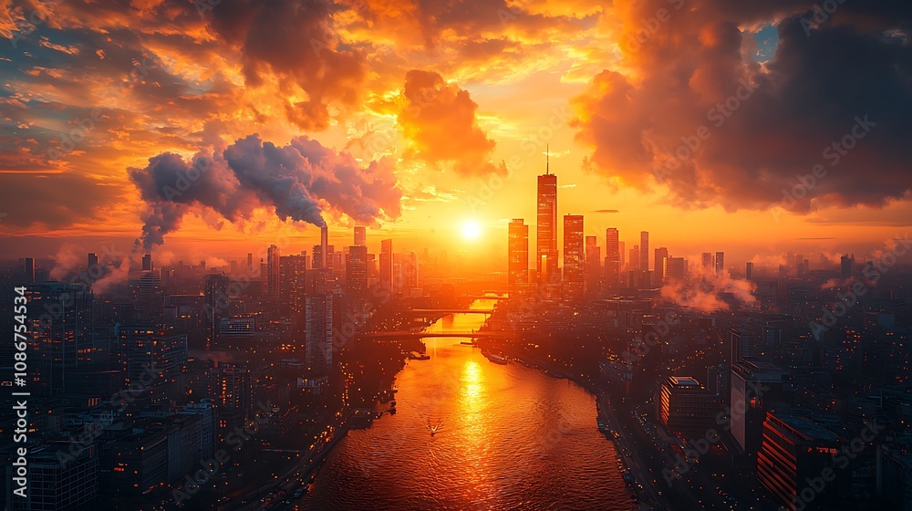 Cityscape Sunset: River, Skyscrapers, & Golden Clouds Cityscape Sunset: River, Skyscrapers, & Golden Clouds