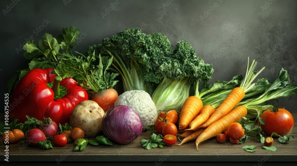 A vibrant display of fresh vegetables including kale, carrots, and bell peppers on a rustic wooden table.