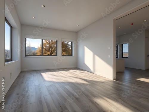 Modern Empty Room With Large Windows and Light Wood Floor