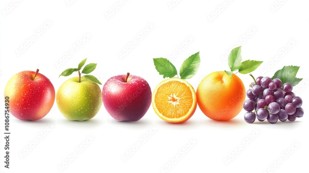 A vibrant display of assorted fruits including red, green, and yellow apples, an orange, and purple grapes. A vibrant display of assorted fruits including red, green, and yellow apples, an orange, and purple grapes.