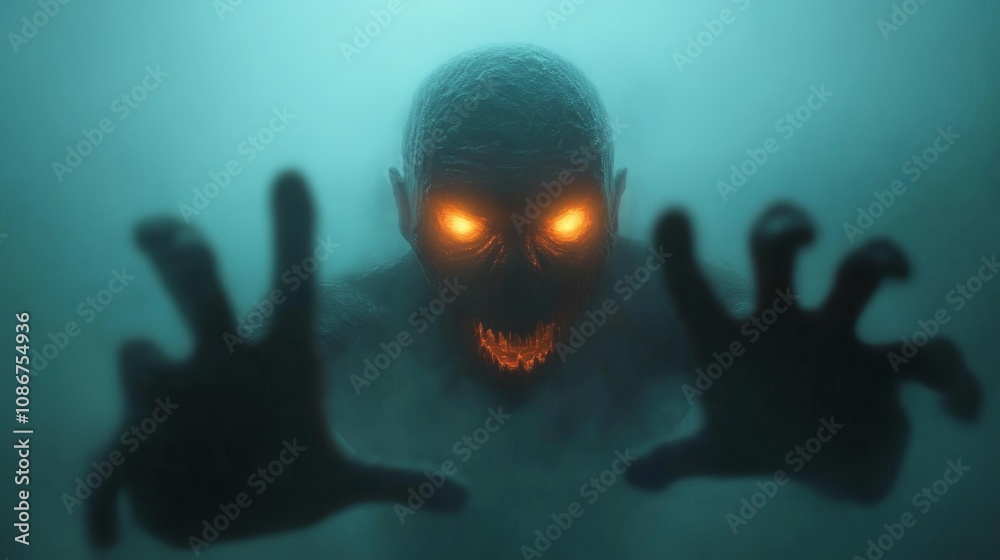 Mysterious creature with glowing eyes emerging from fog in a dark, eerie environment during nighttime Mysterious creature with glowing eyes emerging from fog in a dark, eerie environment during nighttime