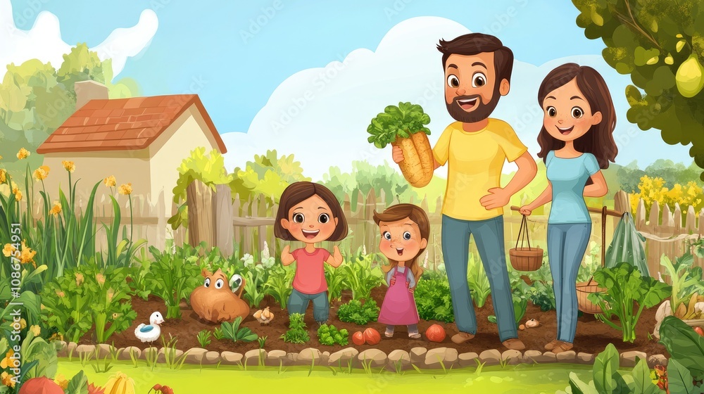 Fototapeta premium Happy Family in a Colorful Garden with Fresh Vegetables and Flowers, Showcasing Gardening Skills and Joyful Moments Together in a Sunny Outdoor Setting