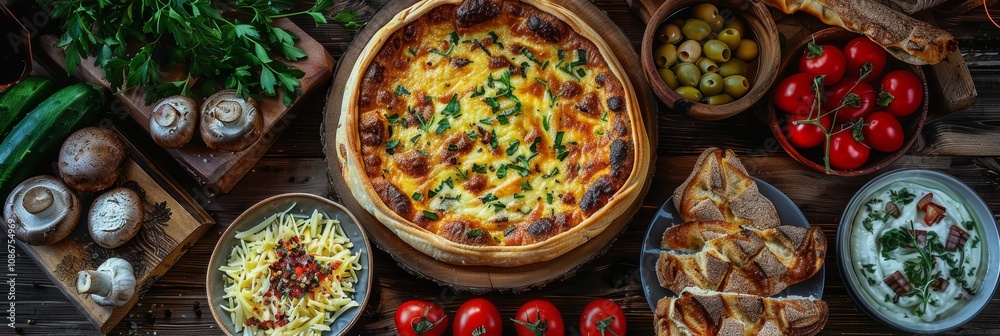 Ossetian Pie with Cheese, Steamed Vegetables, Champignons Baked with Gouda and Snacks, Vegetables Ossetian Pie with Cheese, Steamed Vegetables, Champignons Baked with Gouda and Snacks, Vegetables