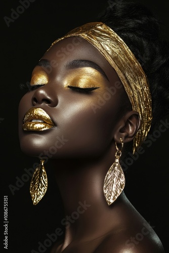 A Black woman poses with gold makeup, elegant earrings, and a head wrap against a dark background showcasing her strong features. Generative AI