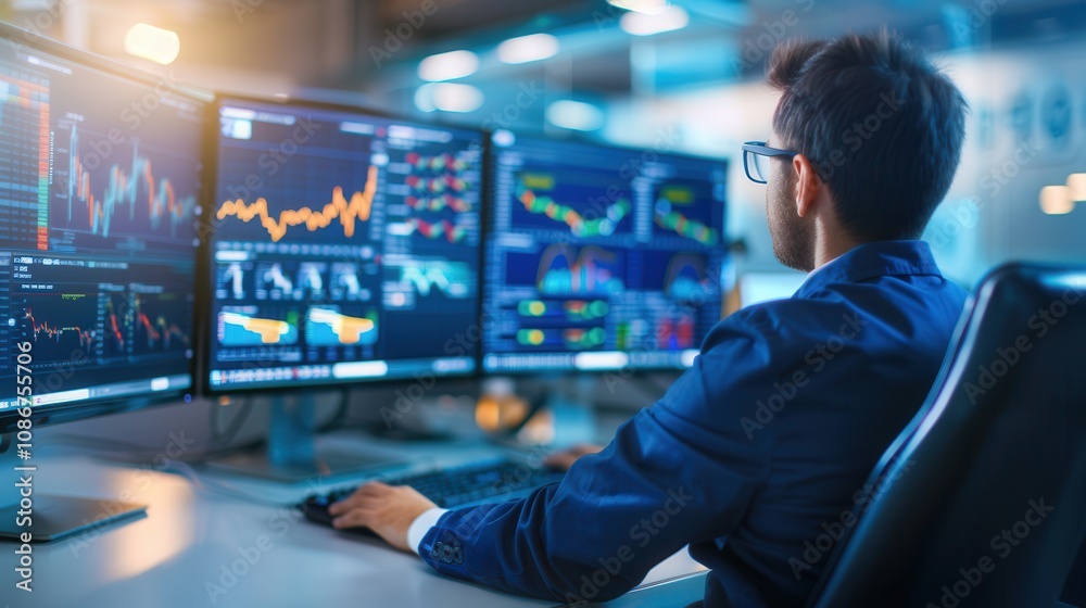 A financial analyst or trader monitoring multiple screens displaying stock charts and market data in a modern office environment. A financial analyst or trader monitoring multiple screens displaying stock charts and market data in a modern office environment.