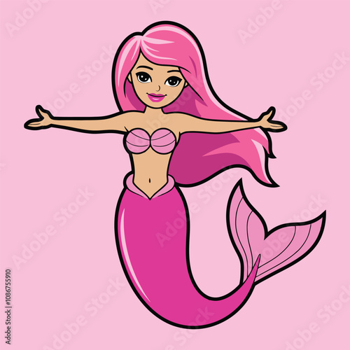 Cute Mermaid Illustration with Long Pink Hair