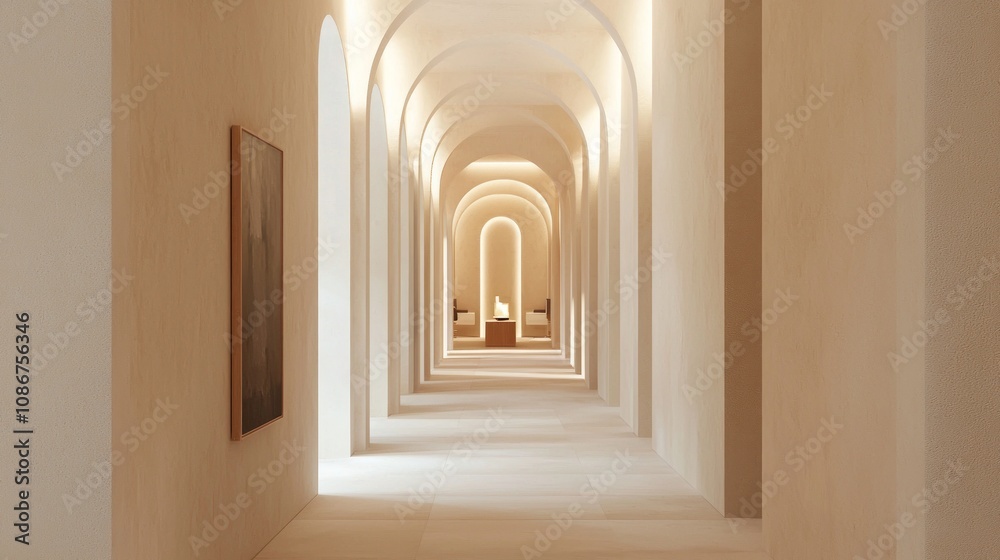 Modern Roman Elegance: Stylish Hallway with Contemporary Artworks and Roman Arches Modern Roman Elegance: Stylish Hallway with Contemporary Artworks and Roman Arches