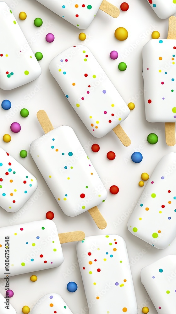 Delightful white popsicles adorned with vibrant sprinkles on a bright backdrop, creating a playful and festive mood for summer enjoyment Delightful white popsicles adorned with vibrant sprinkles on a bright backdrop, creating a playful and festive mood for summer enjoyment