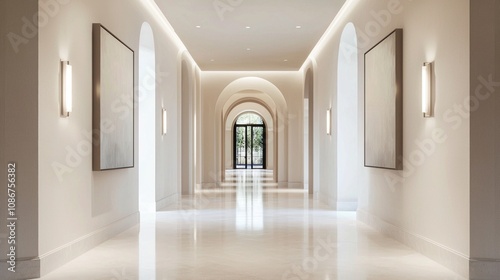 Modern Roman Elegance: Sleek Hallway with Contemporary Artworks, Elegant Lighting, and Inviting Arches