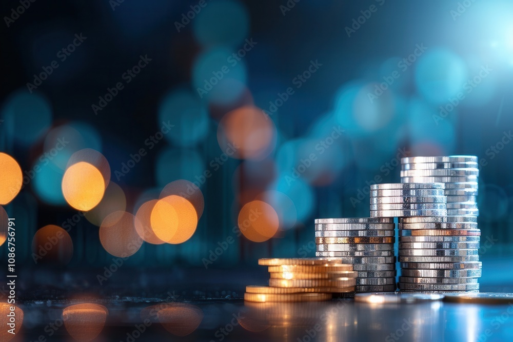 Stacks of silver and gold coins illuminated by colorful bokeh lights, symbolizing wealth, investment, and financial prosperity. Stacks of silver and gold coins illuminated by colorful bokeh lights, symbolizing wealth, investment, and financial prosperity.