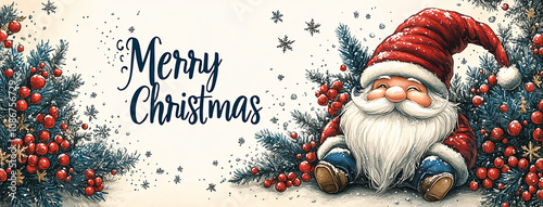 wide panoramic Christmas cover illustration with merry christmas title on it, funny gnome with red hat and white beard at side 