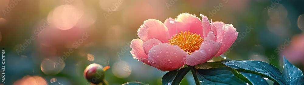 A vibrant pink flower blossoming in the sunlight, surrounded by lush green leaves, creating a serene and calming atmosphere. A vibrant pink flower blossoming in the sunlight, surrounded by lush green leaves, creating a serene and calming atmosphere.