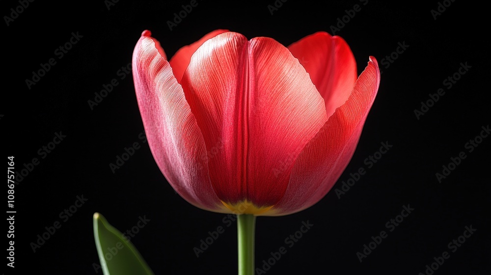 A vibrant red tulip blooms elegantly against a black background, showcasing its delicate petals and green stem. A vibrant red tulip blooms elegantly against a black background, showcasing its delicate petals and green stem.