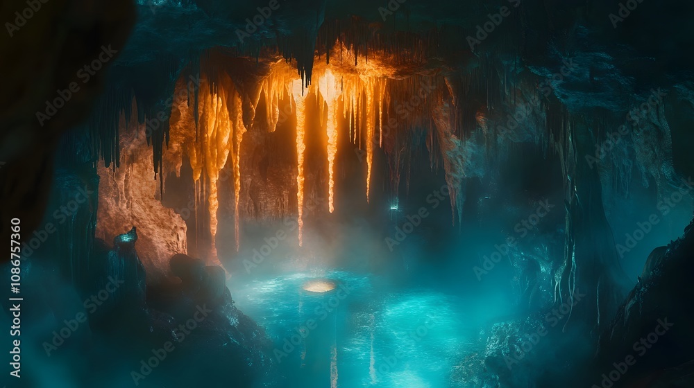 Mystical cave with glowing stalactites and a glowing pool of water. Mystical cave with glowing stalactites and a glowing pool of water.
