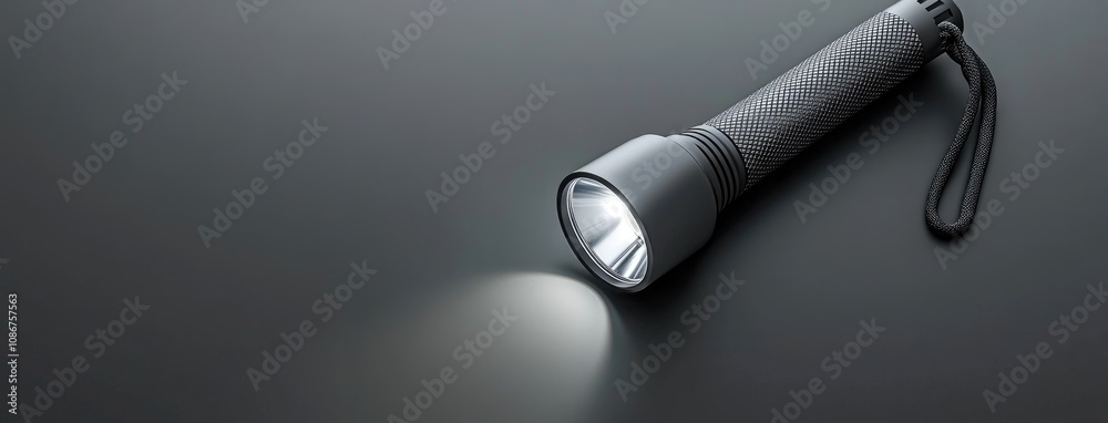 A sleek black flashlight illuminates a dark surface with its bright beam, showcasing modern design in high-resolution detail A sleek black flashlight illuminates a dark surface with its bright beam, showcasing modern design in high-resolution detail