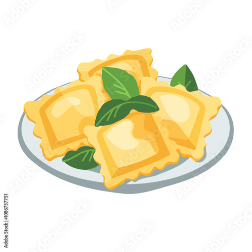 Simple flat illustration ravioli filled with ricotta with spinach motion graphic flat-design vector animation style, isolated in white background, 2D flat icon, logo