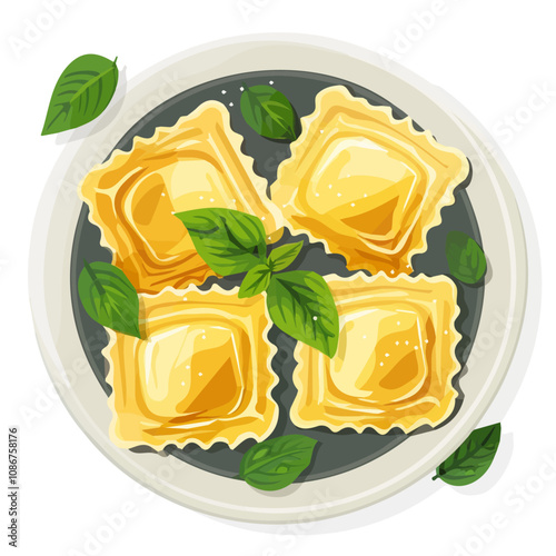 Simple flat illustration ravioli filled with ricotta with spinach on plate motion graphic flat-design vector animation style, isolated in white background, 2D flat icon, logo