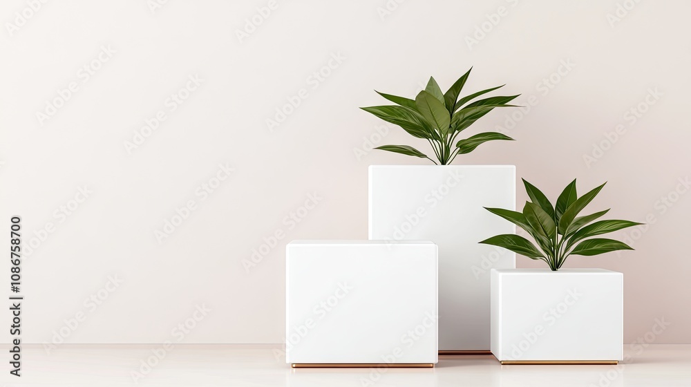 Modern minimalist display of three white cube pedestals with golden legs, perfect for showcasing products or decor in elegant interiors Modern minimalist display of three white cube pedestals with golden legs, perfect for showcasing products or decor in elegant interiors