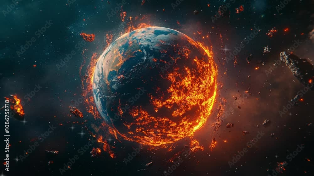 Giant planet exploding in space burning in the space video footage.