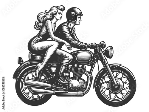 couple on a motorcycle, capturing a 1950s aesthetic. Woman rides on the back, embracing the adventure sketch engraving generative ai raster illustration. Scratch board imitation. Black and white image photo