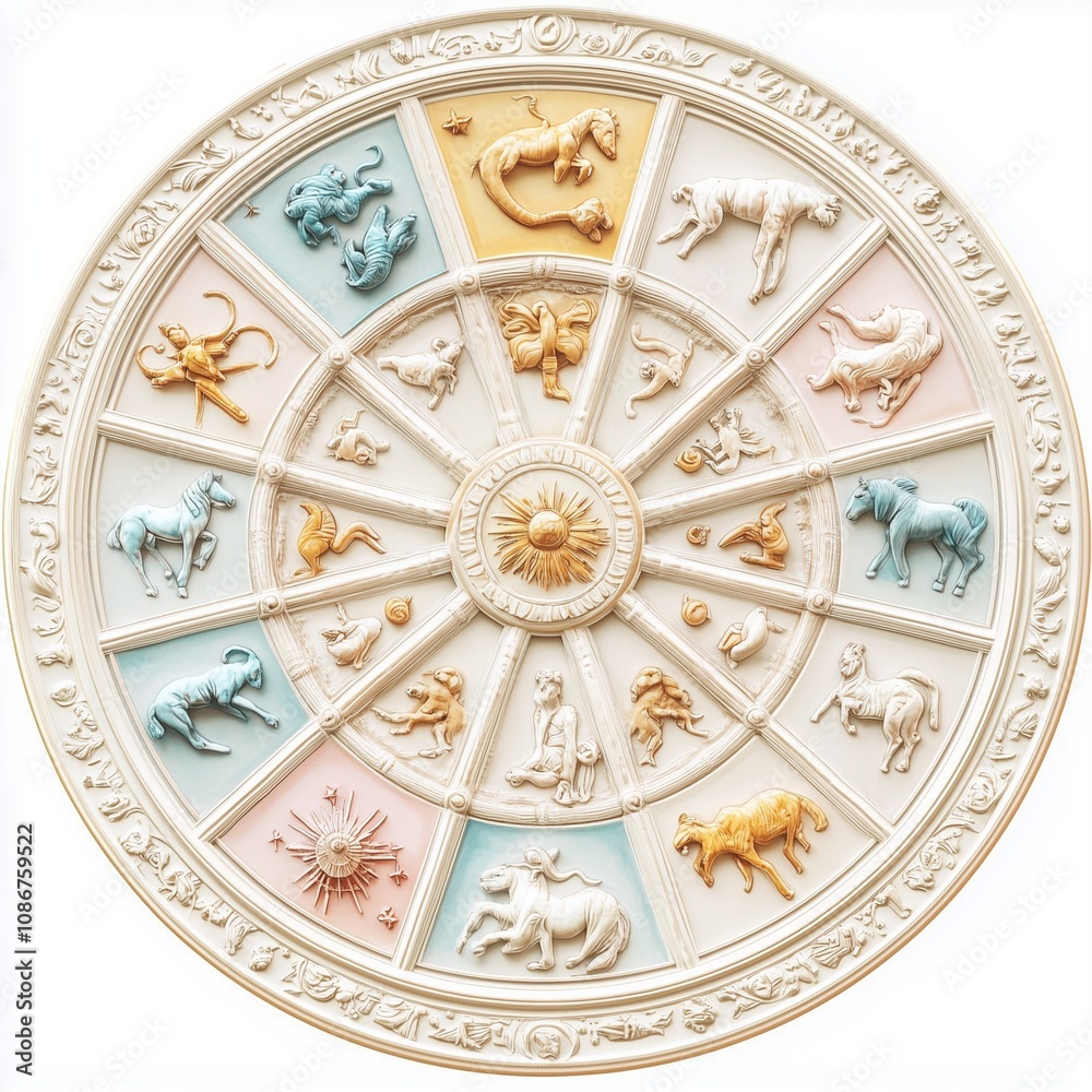 Zodiac signs of a zodiac wheel in soft pastel shades with intricate details, isolated on white. Zodiac signs of a zodiac wheel in soft pastel shades with intricate details, isolated on white.