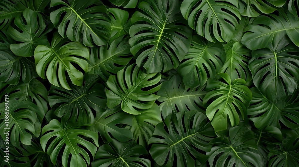 Lush tropical leaves create a serene oasis in a flat lay composition, illuminated by cinematic lighting for a vibrant atmosphere Lush tropical leaves create a serene oasis in a flat lay composition, illuminated by cinematic lighting for a vibrant atmosphere