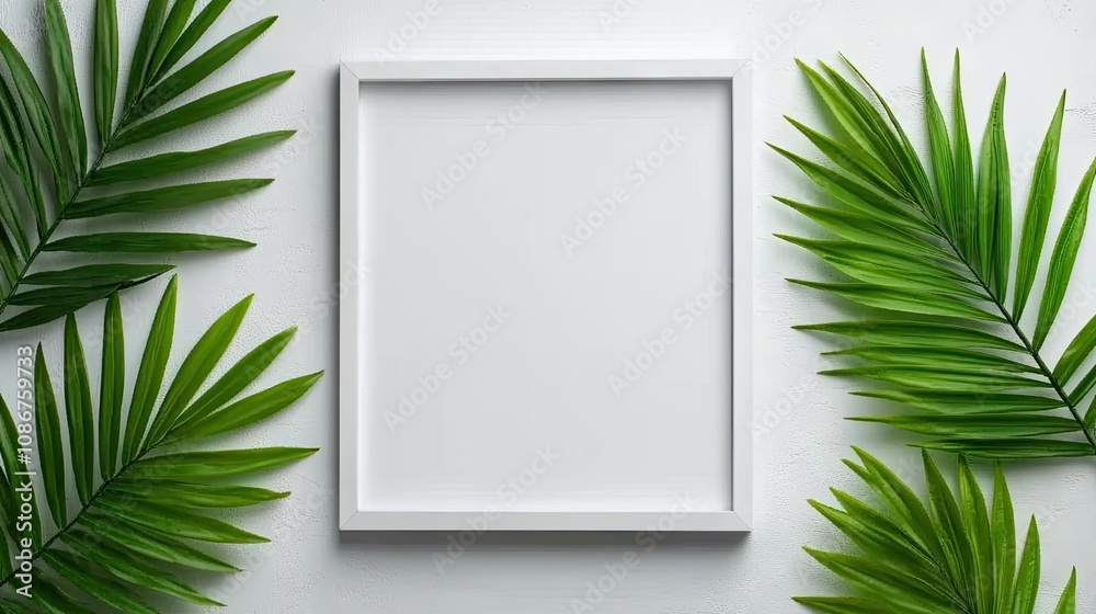 A serene flat lay showcasing a white frame surrounded by lush green tropical leaves on a clean white background A serene flat lay showcasing a white frame surrounded by lush green tropical leaves on a clean white background