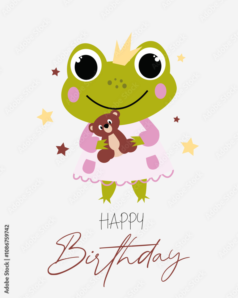 Vector cute children birthday card with little girl frog. Vector illustration of cute little frogs. Vector cute children birthday card with little girl frog. Vector illustration of cute little frogs.