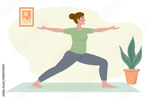 Vector illustration of woman practicing yoga at home on white background. This serene design captures essence of wellness and mindfulness, fitness, and relaxation themes.