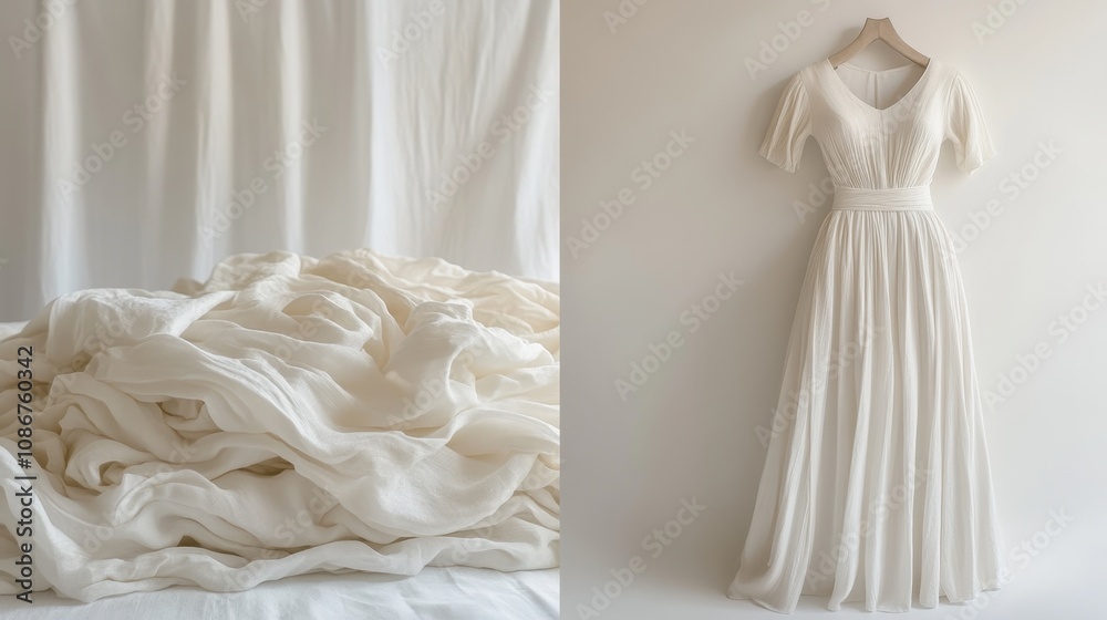 Soft white fabric drapes and a flowing dress create a serene atmosphere in a minimalistic setting with gentle lighting Soft white fabric drapes and a flowing dress create a serene atmosphere in a minimalistic setting with gentle lighting