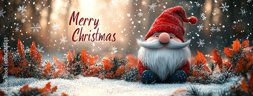 wide panoramic Christmas cover illustration with merry christmas title on it, funny gnome with red hat and white beard at side 