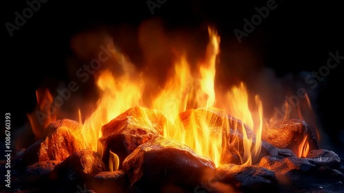 Captivating flames dance above glowing rocks in a serene nighttime setting